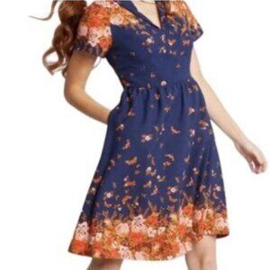 Modcloth Women's Navy Blue Fit and Flare w/ Orange/Rust Floral Dress ~ Small